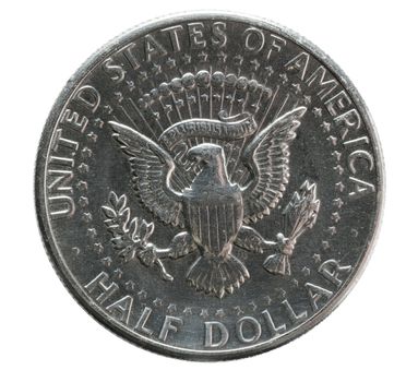 Macro front view of the eagle on a USA one dollar coin isolated against white