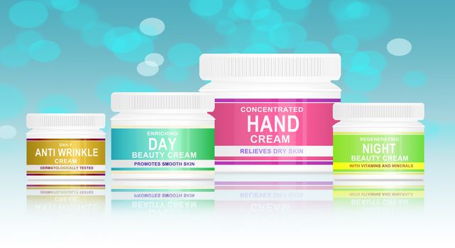 Illustration depicting four skin care product containers arranged horizontally over abstract blue background.