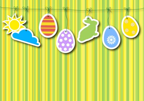 congratulation to a green background with paper Easter eggs