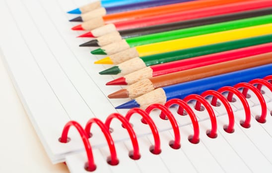 Group of thick colored pencilson a white paper.