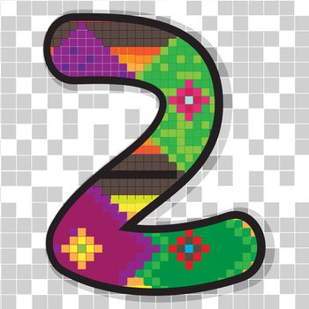 Funny fat figure 2 decorated with abstract ethno pixel-art model over neutral mosaic 