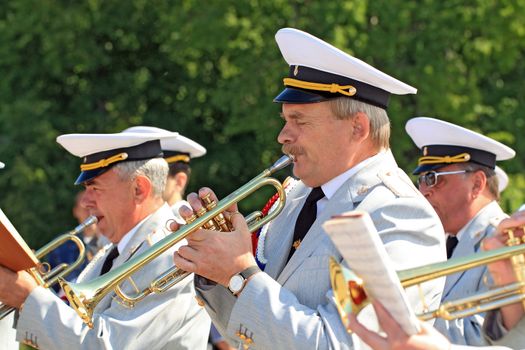 VELIKIJ NOVGOROD, RUSSIA - JUNE 10: military orchestra on street at day Veliky Novgorod, Russia at June 10, 2012