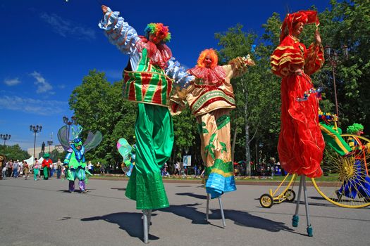 VELIKIJ NOVGOROD, RUSSIA - JUNE 10: clowns on town street at day of the city Veliky Novgorod, Russia at June 10, 2012