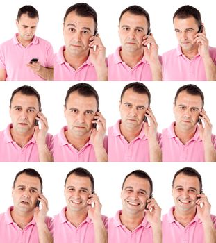 Portraits of male with pink shirt talking on the phone in multuple expressions