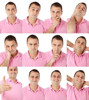 Portraits of man with pink shirt in multiple face expressions and gestures