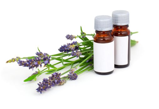 Aromatherapy Lavender oil and lavender flower, isolated on white background