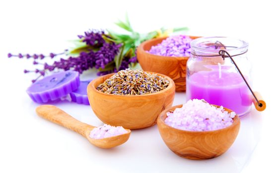 dry Lavender herbs and bath salt isolated on white background