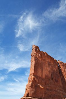 Courthouse Towers Ridge in Arches National Park with dramatic Blue Sky