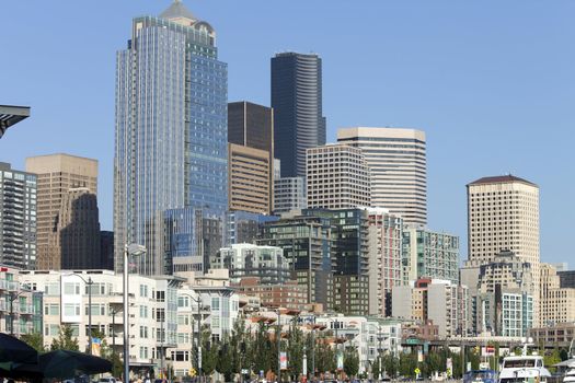 Seattle architecture and skyscrapers near the waterfront, WA.