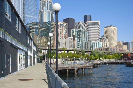 Seattle waterfront promenade and skyline.