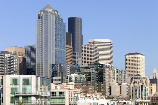 Seattle architecture and skyscrapers near the waterfront, WA.