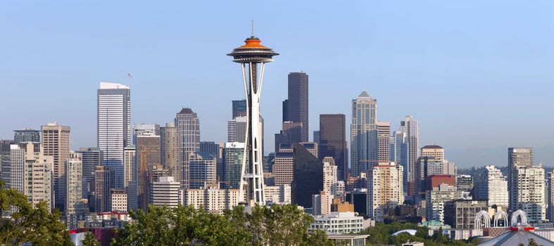 Seattle skyline panorama at sunset.