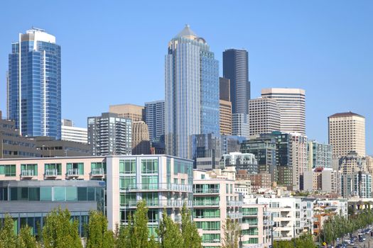 Seattle architecture and skyscrapers near the waterfront, WA.