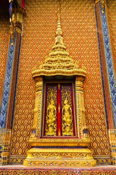 Door wood carving art Angel, Ancient temple in the South of the country, Thailand
