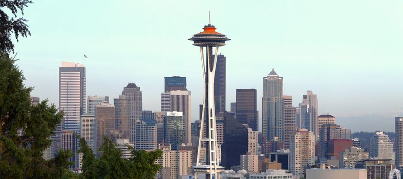 Seattle skyline panorama at sunset.