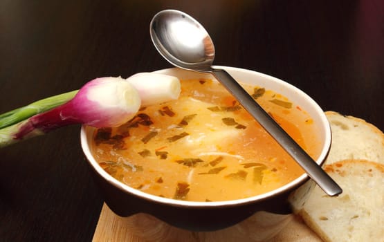 vegetable soup with onion and silver spoon