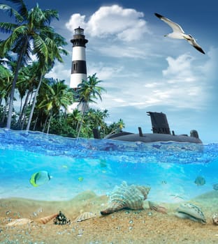 Submarine near the tropical island with lighthouse in the background and seagull flying in the sky