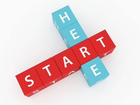 Start here crosswords on dices and white background.