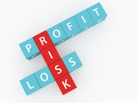 Risk, profit, loss crosswords on dices and white background.