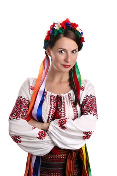 Portrait of joyful young Ukrainian woman in national costume. Isolated on white background