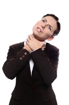 Secretary or business woman choking herself. Isolated on white background