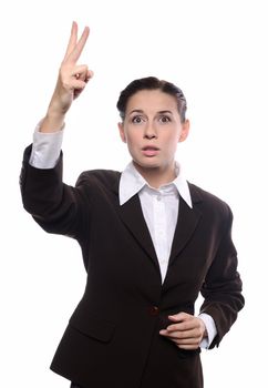 Young business woman showing bidding gesture over white background