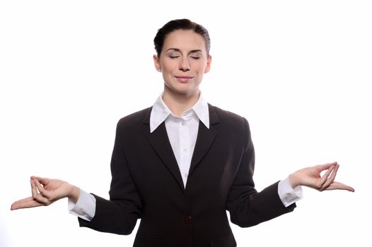 Young business woman woman in meditation. Isolated on white background