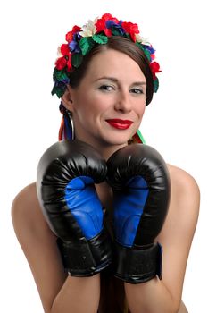 Girl with boxing gloves and floral wreath on her head. Isolated on white background