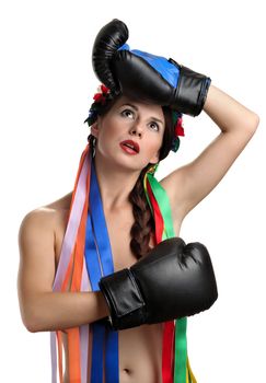 Topless girl with boxing gloves and floral wreath on her head isolated on white background