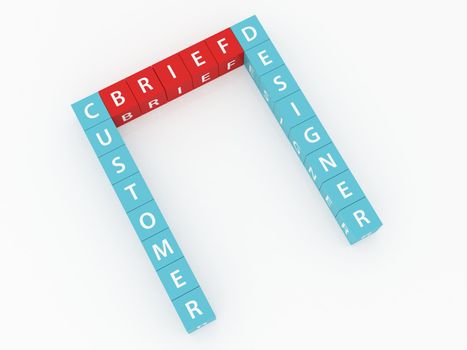 Customer, designer crosswords on dices and white background.