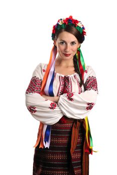 Portrait of joyful young Ukrainian woman in national costume. Isolated on white background