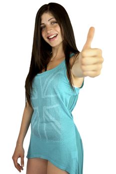 Sweet young woman with cute dress showing thumb up smiling