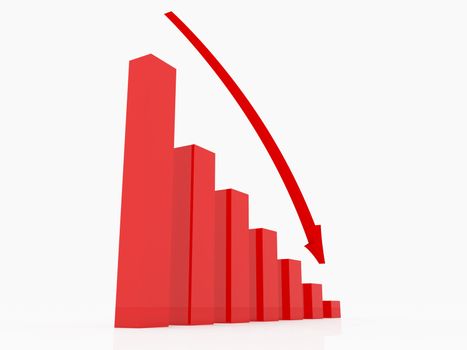 Red recession chart with red arrow on white background.