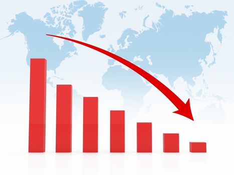 Red recession chart with red arrow on blue world map background.