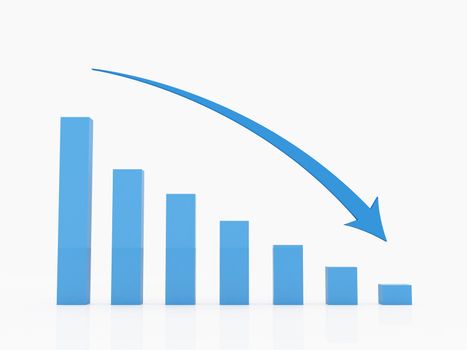 Blue recession chart with blue arrow on white background.