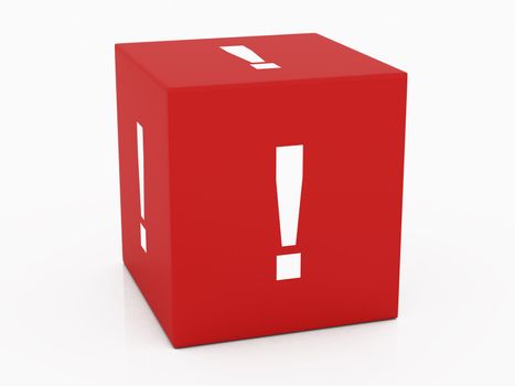 Exclamation mark symbol in red, square cube on white background.