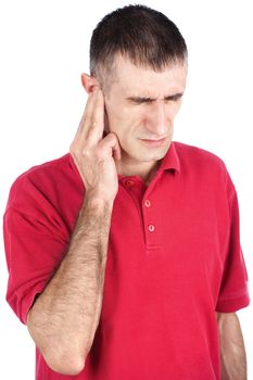 Man have a strong pain in ear, isolate on white background