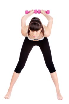 Young woman doing fitness exercises with two weights, isolated on white