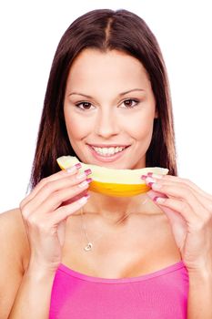 Young woman holding slice of yellow melon, isolated on white background