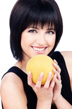 Pretty smiled girl holding melon, isolated on white background