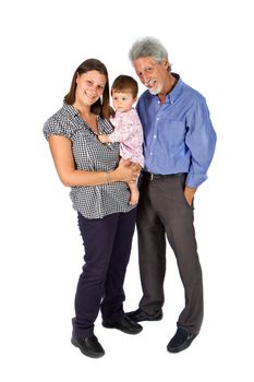 Portrait of a happy family with grandfather mother  and baby isolated against white background