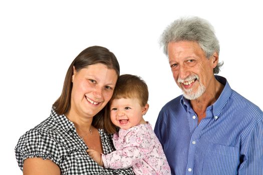 Portrait of a happy family with grandfather mother  and baby isolated against white background