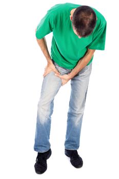 Man have pain in leg, thigh, isolated on white background