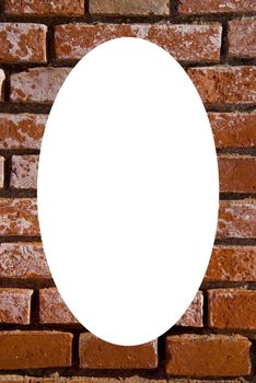 Old red brick wall fragment. Isolated white oval place for text photograph image in center of frame. Architectural background.