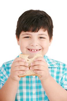 Little boy eating a integral bread, sandwich. isolated on a white background