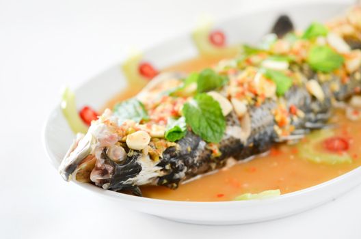 Steamed snapper fish with chili and lemon , spicy  food