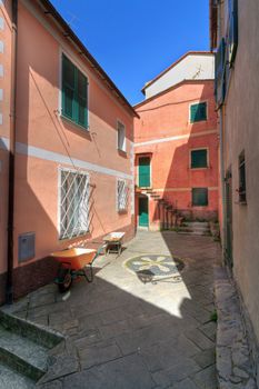 characteristic small square in San Rocco di Camogli, Liguria, Italy. Image processed with hdr technique