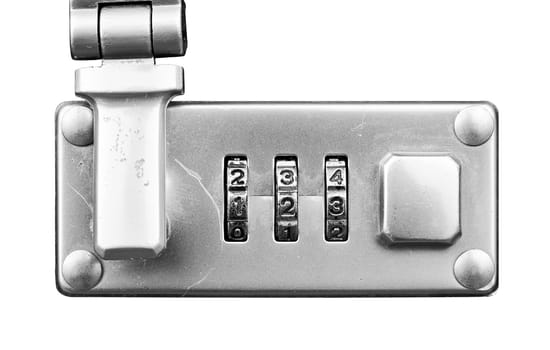Macro of  suitcase or travel bag combination lock isolated over white - dials set to 123,  Shallow Focus