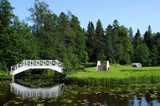 The white bridge on a background of a green grass and trees