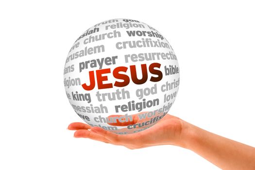 Hand holding a Jesus Word Sphere on white background. 